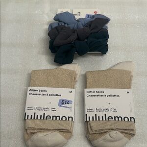 lululemon athletica Gold Glitter Socks and 3 pack scrunchie set BNWT